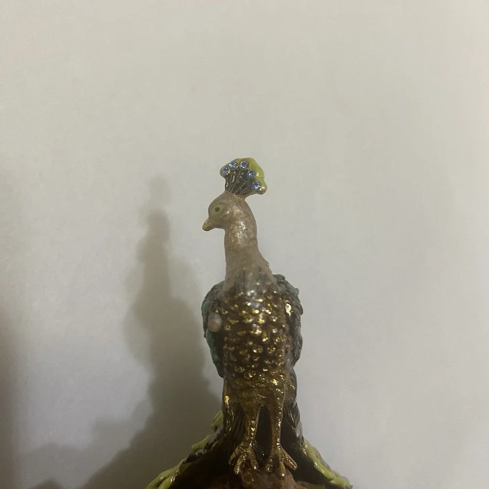 Enameled Rhinestone Peacock Trinket Box Jewelry Ring Holder Magnet Closure